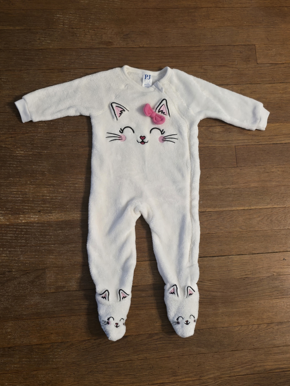 The Children's Place White Plush Kitty Footed One-Piece with Pink Bow NWOT.